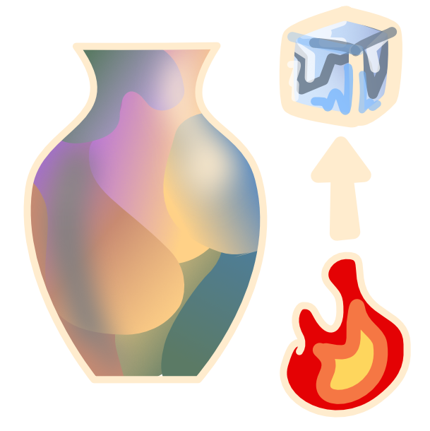 An image with light line art shows a rainbow colored vase, like a copper matte glazed Raku vessel. Next to the pot is a small flame, with an arrow pointing from it up at an ice cube.